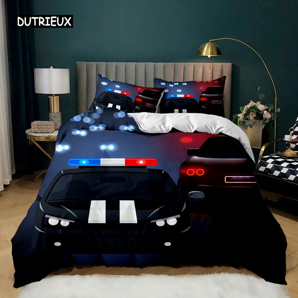 Пододеяльник с изображением полицейской машины, черный комплект постельного белья с изображением полицейской машины, чехол для одеяла с изображением мультяшного транспортного средства, красный чехол для пододеяльника с изображением полицейских огней из полиэстера
