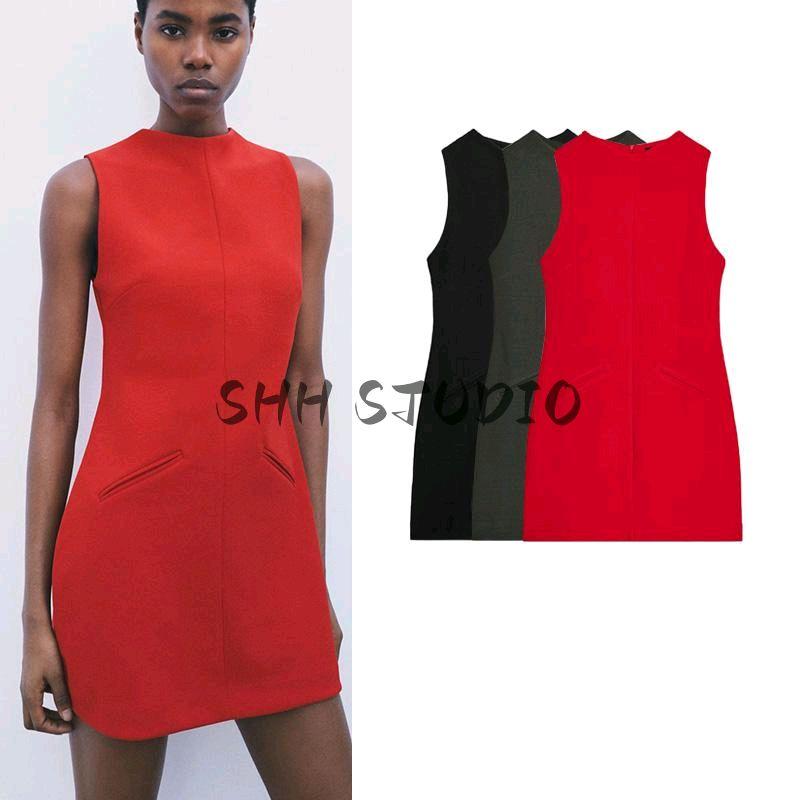 Spring New Women Clothes French Style Black Dress Pleat Stand Collar Soft Straight Mini Dress 1058151