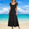 Women's Summer Casual Short Sleeve Square Neck Smocked Elastic Waist Tiered A Line Maxi Dress With Pockets