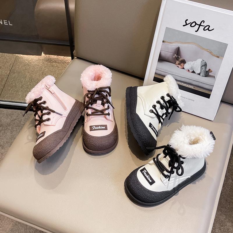 Girl Snow Boots Winter Warm Versatile Children Fashion Beige Ankle Boots Plush Causal Kids Outdoor Cotton Boots 2024 Trend New