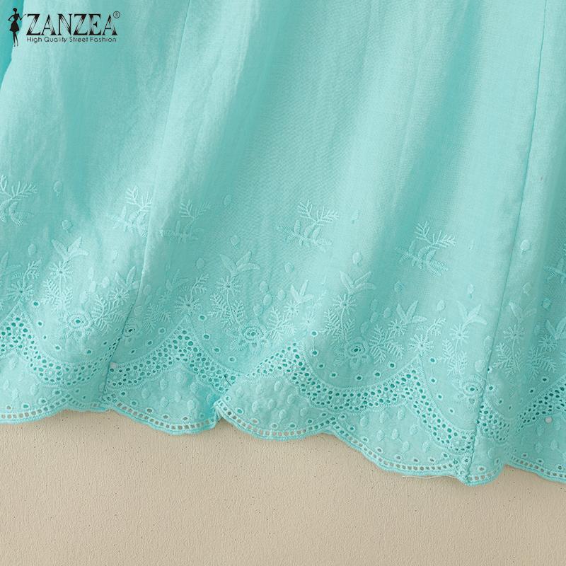 ZANZEA Женская повседневная блузка с круглым вырезом, рукавом 3/4, свободного кроя, с вышивкой