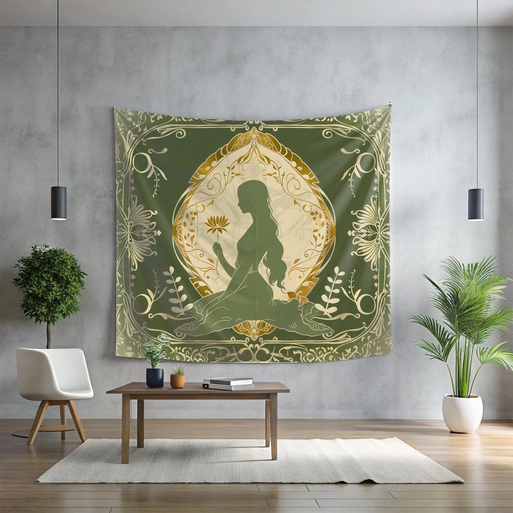 VIKAMA Forest Green Art Nouveau Style Goddess Tapestry Morandi Flower Frame Background Cloth Meditation Room Decoration