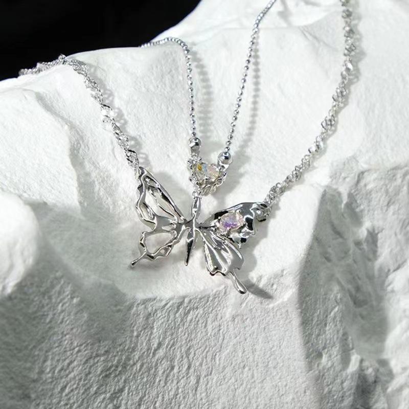 Silver Color  Heart Butterfly Pendant Necklace For Women Double Layer Clavicle Chain  Trendy Party Jewelry Gift