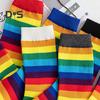 6 пар зимних носков унисекс с разноцветными радужными полосками, средней длины, эластичные, сохраняющие тепло, нескользящие, толстые, для пар, повседневные спортивные носки