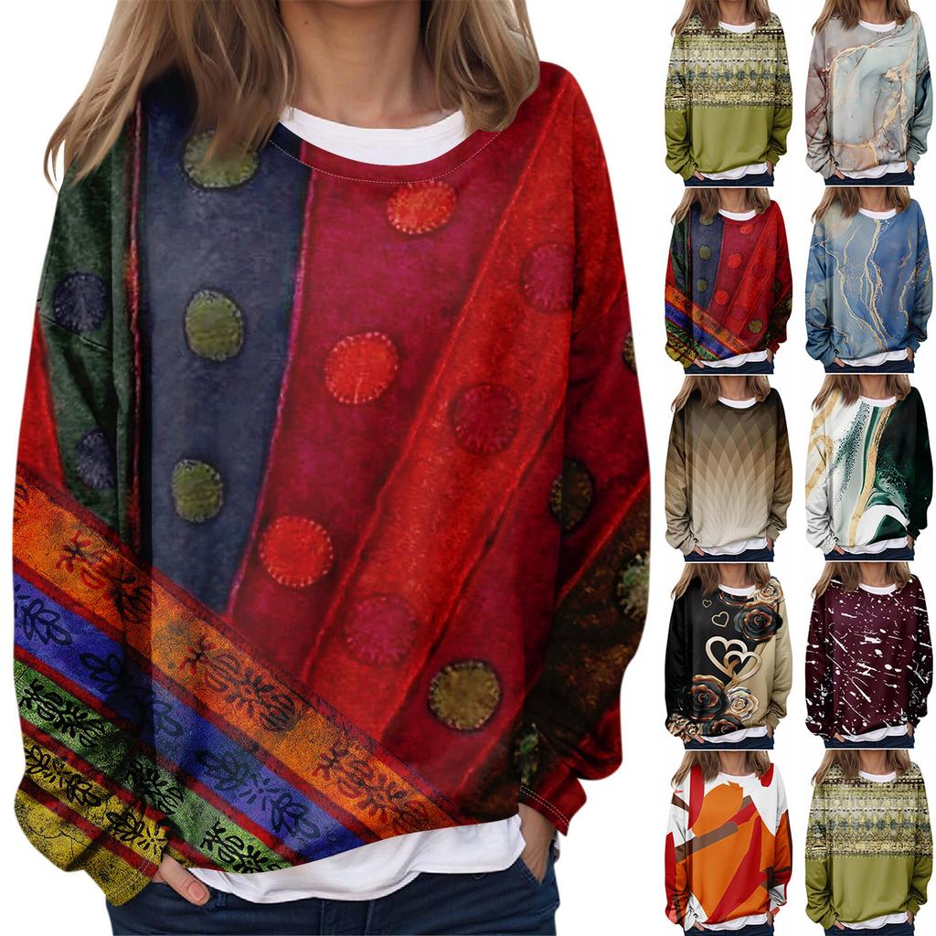 Women's Casual Fashion Vintage Printed Long Sleeve O-Neck Sweatshirt Layer Pullover Top