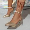 Fashion Gold Silver High Heels Sandals for Women Shiny Pu Leather Pointed Toe Party Shoes Pearl Ankle Buckle Decor Thin Heeled Sandals