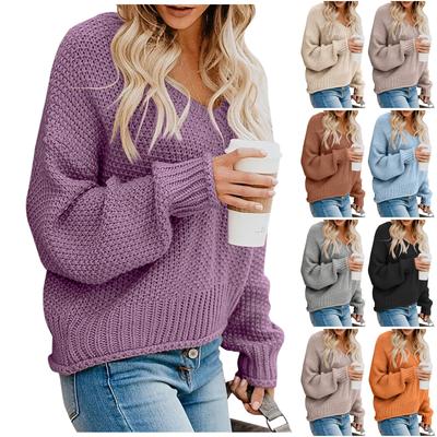 Женская повседневная мода V-образный вырез однотонный длинный рукав пуловер рубашка топы