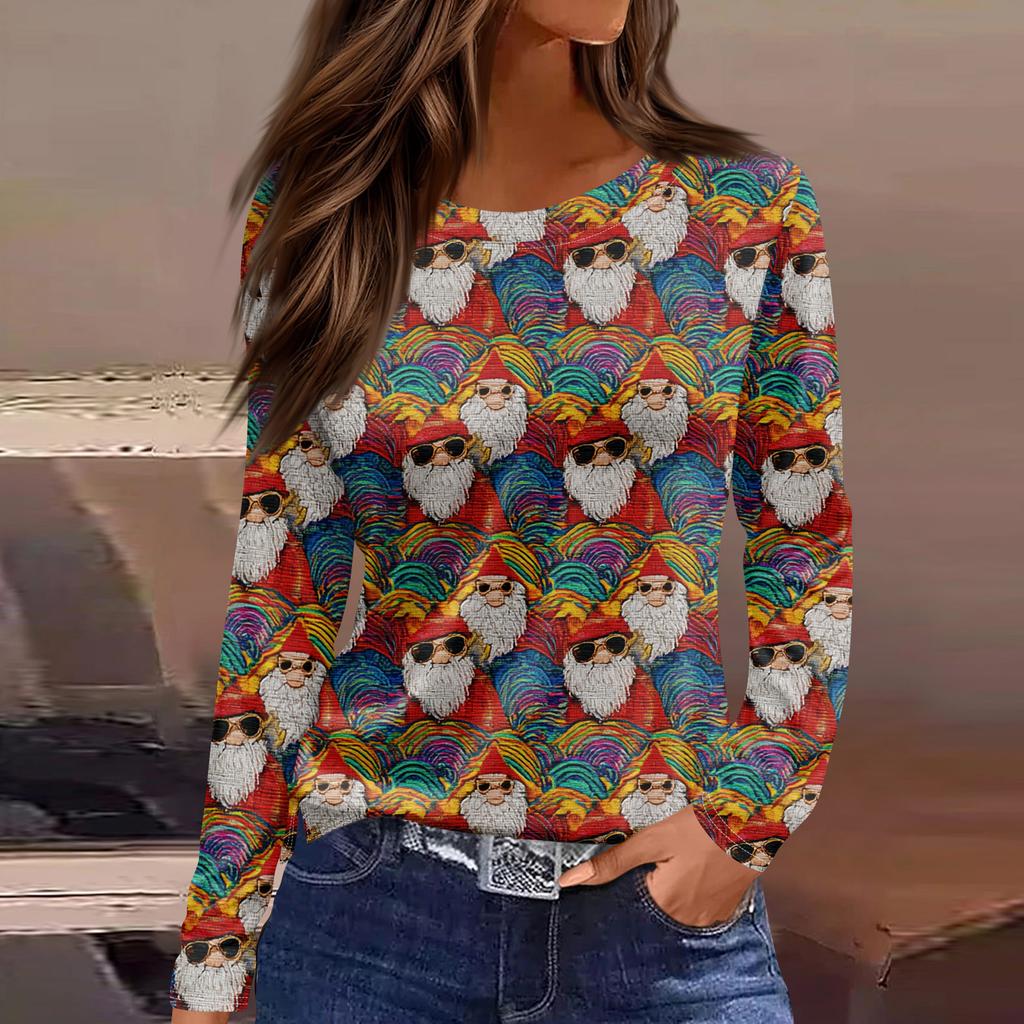 Women's Fashion Hem Slit Casual Christmas Printed Round Neck Long Sleeve Top