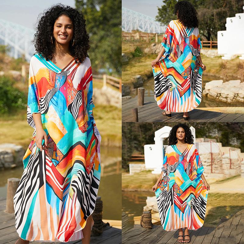 European-American Cotton Print Loose Plus Size Long Dress Beach Cover-Up Robe Style