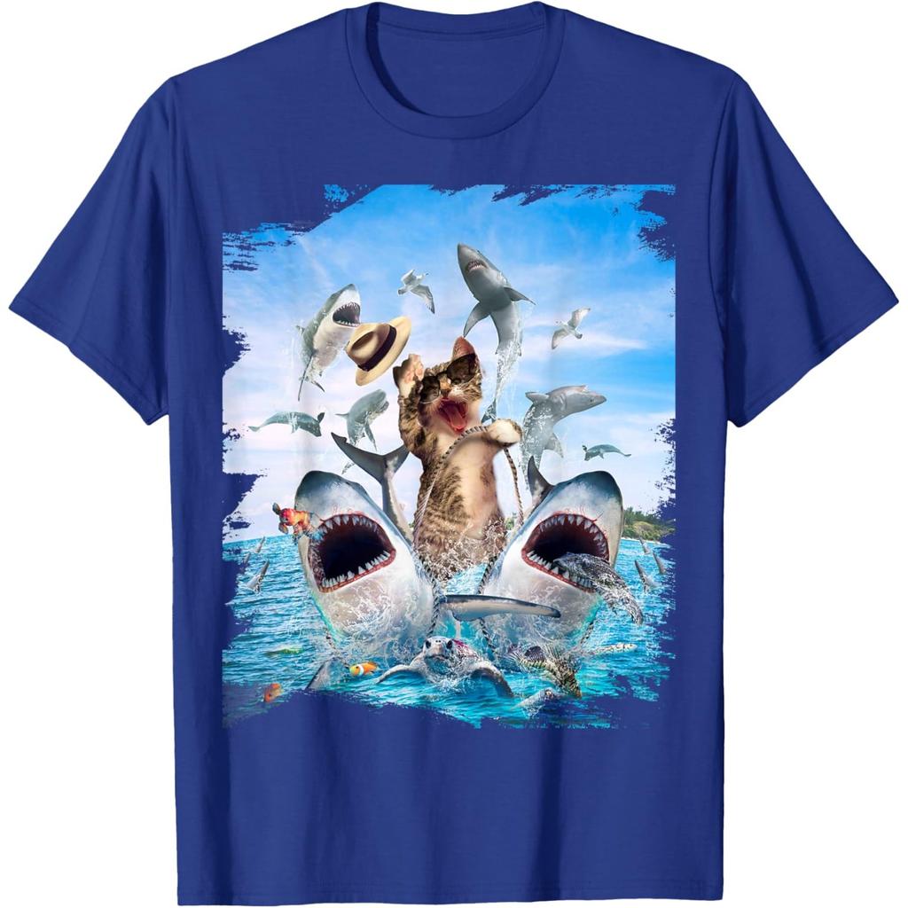 Funny Cat Riding Shark Beach Ocean Graphic Mens Casual Round Neck Tshirt