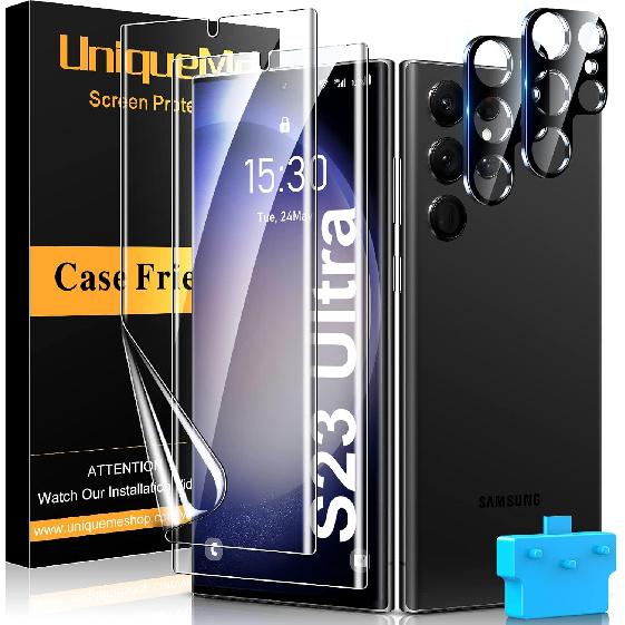 UniqueMe [2+2+1 шт.] Совместимый для Samsung Galaxy S23 Ultra 6,8 дюйма Защитная пленка для экрана Гибкий ТПУ, Защитное стекло для объектива камеры с установочной рамкой,