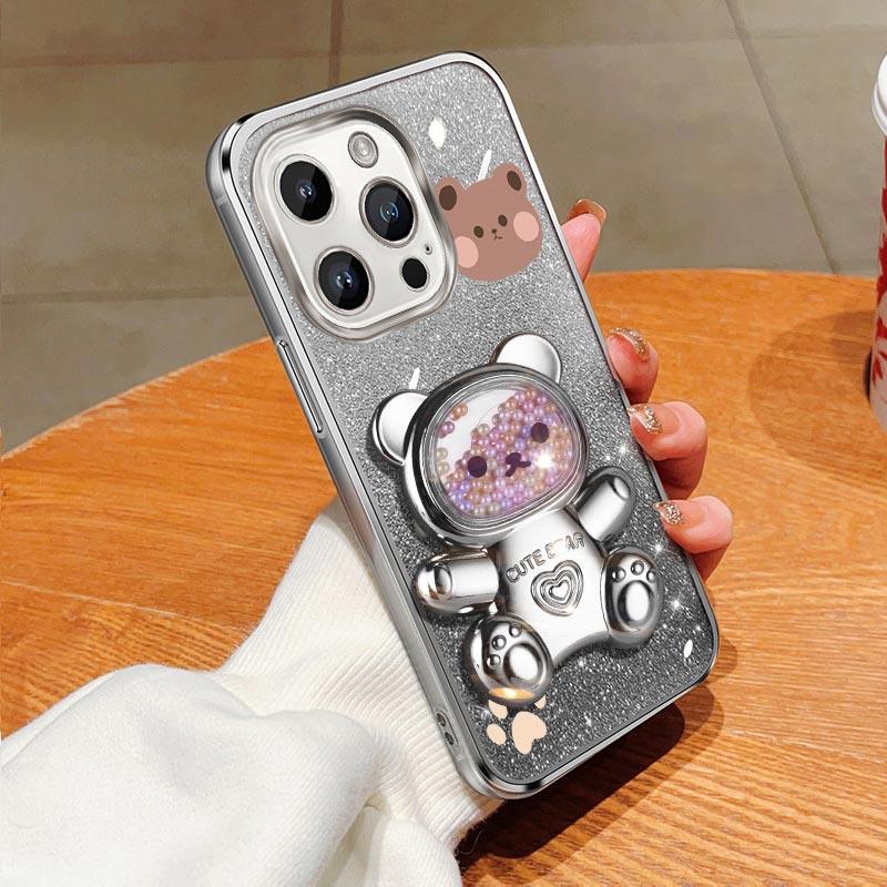 15Pro 14Pro Glitter Bling Bear Phone Holder Case For iPhone 15 14 13 12 11 Xs Pro Max Mini X XR Apple 6 6s 7 8 Plus Stand Cover
