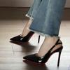 New Red Background, Black Patent Leather Pointed Tip Thin Heel Royal Sister Sexy High Heels Femininity Bag Head Sandals