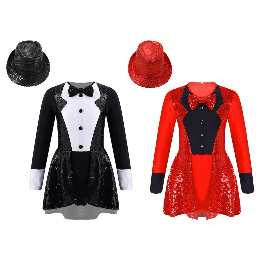 Девочки Леотард с пайетками Длинный рукав Круглый вырез Лоскутное шитье Дизайн на молнии Пайетки Шляпа федора Нарядный костюм