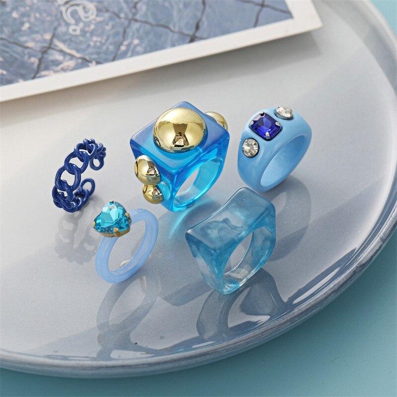 Ins Aesthetic, 5 шт./компл., синий цвет, тема, гипербола, толстые акриловые кольца из смолы, набор для женщин, девчачьи модные кольца для вечеринок «сделай сам», ювелирные изделия