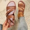 2024 New Women's Solid Color Faux Leather Flat Sandals, Casual Open Toe Summer Shoes, Lightweight Ankle Strap Sandals