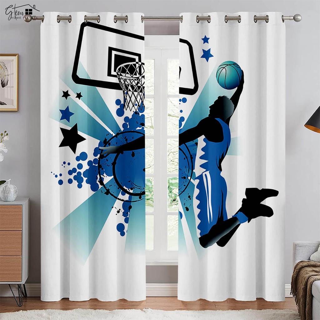 2 шт. Крутые шторы с изображением баскетбола и 3D-печатью для соревнований по баскетболу Slam Dunk, декоративные шторы для гостиной, комнаты для мальчиков, можно стирать в стиральной машине