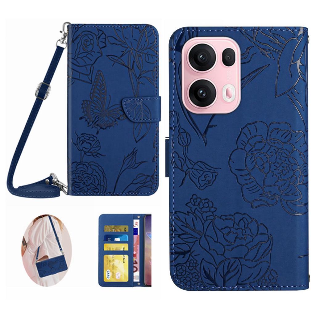 For Oppo Reno13 Pro 5G Case Butterfly Flower Imprint Leather Phone Cover with Shoulder Strap