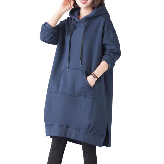 Женская толстовка с капюшоном на осень-зиму с большим карманом, завязками на шнурке, разрезом по низу, однотонная, свободная длина до колена