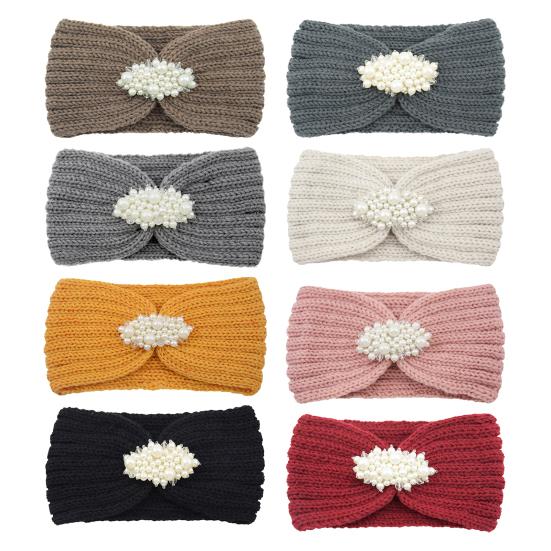 Вязаная повязка на голову Мягкая эластичная широкая повязка для волос с отделкой из искусственного жемчуга Однотонный хедрэп Зимний аксессуар для волос