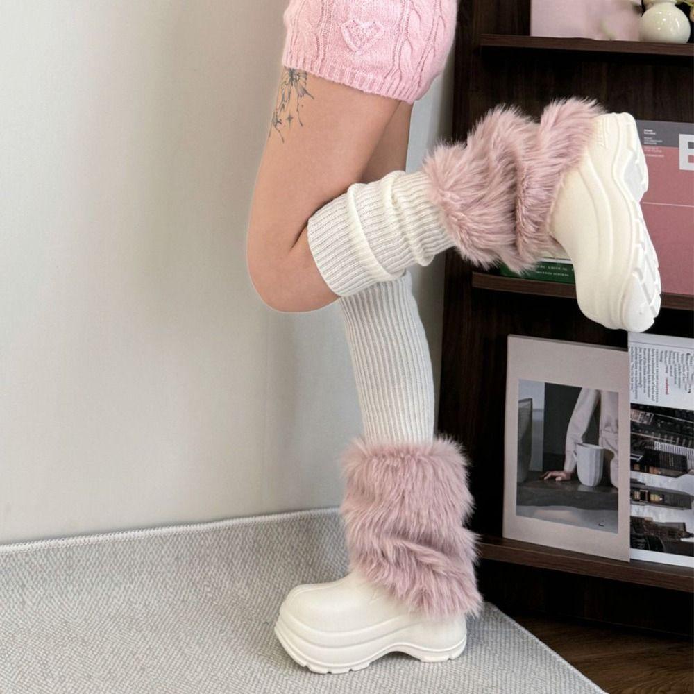 Knitted Winter Leg Warmers Y2K Long Stockings Vintage Furry Leg Warmers Streetwear