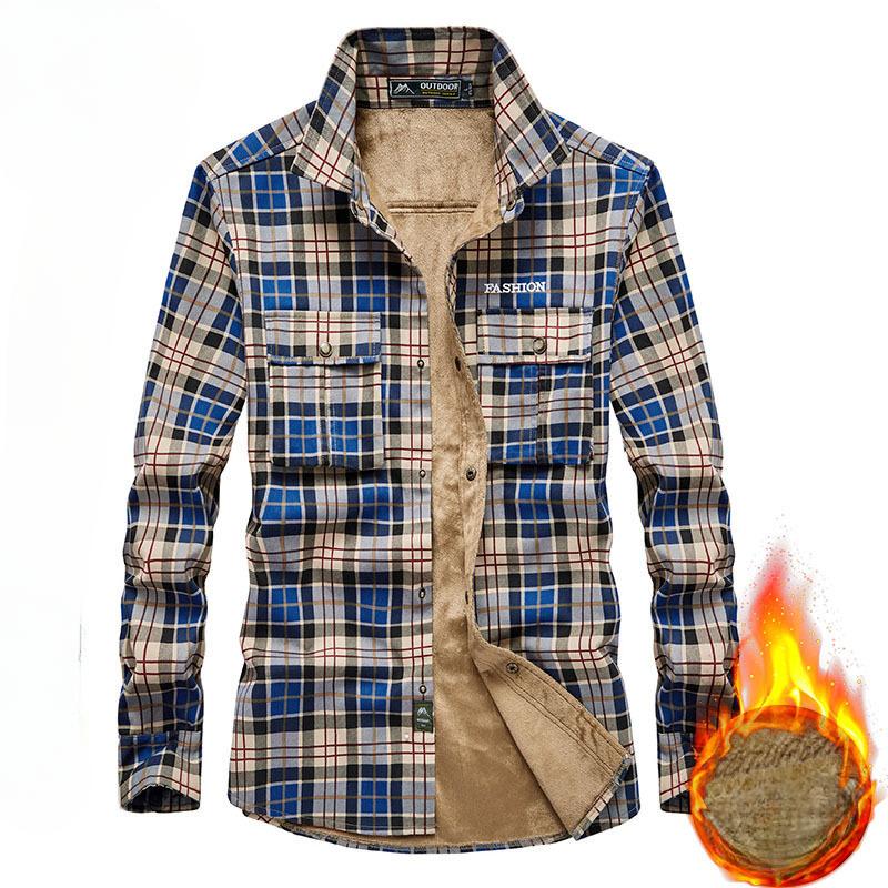 Men's Fleece Thickened Plaid Shirt Large Size Long Sleeve Casual Plaid Shirt Men's Jacket