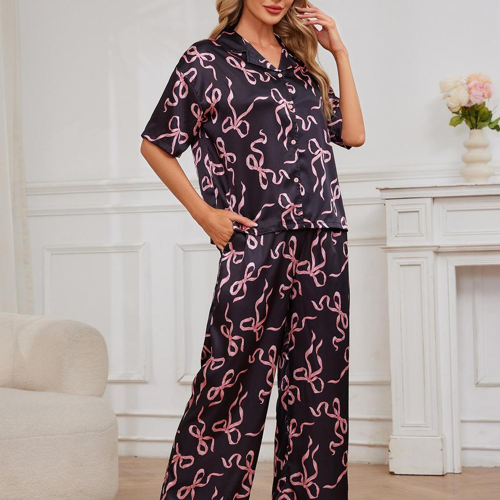 Женские атласные пижамы, спальные костюмы, принтованные рубашки с короткими рукавами и длинными брюками, комплект из 2 предметов, имитация шелка, одежда для сна и отдыха