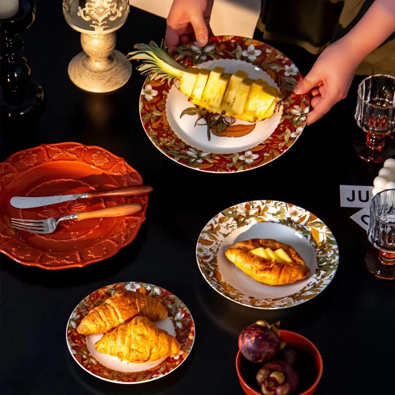 Набор керамических тарелок в стиле ретро, элитная тарелка для стейков в гостиничном ресторане, креативный рельеф, изысканные обеденные тарелки, свадебная посуда