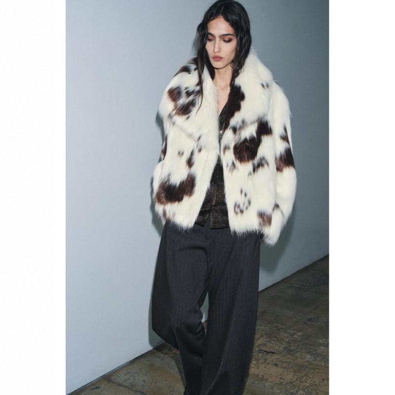 Womens Faux Fur Jacket Winter Leopard Print Stand Collar Casual Coat Long Sleeve Mid-Length