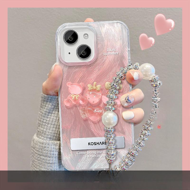 Suitable for Apple 15 Mobile Phone Case Summer Iphone14 Peach Doll Stand 13 Feather Yarn 12 High-end Sense Chain 11