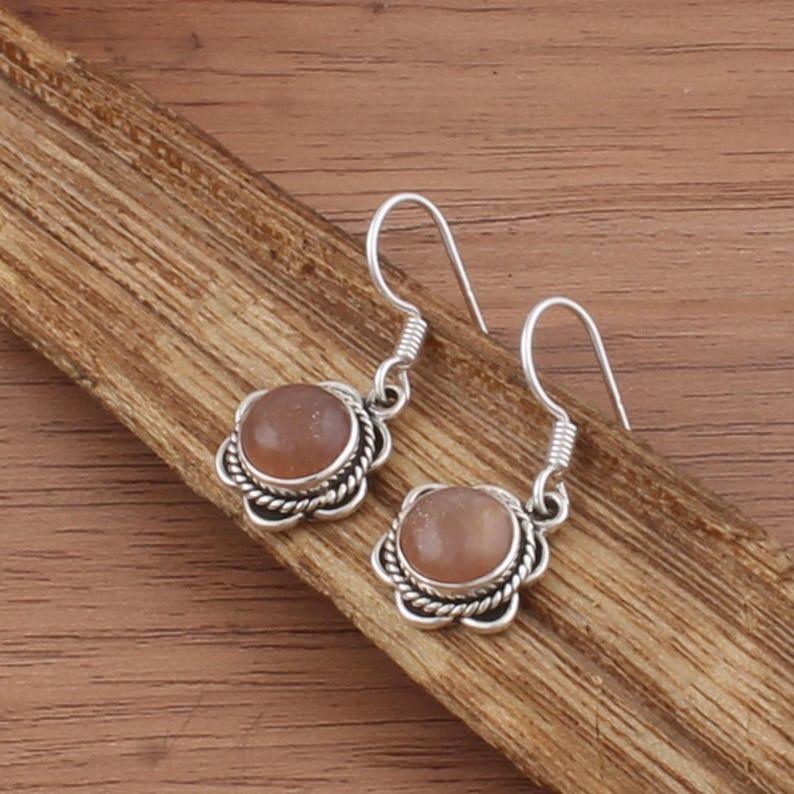 Peach Moonstone Gemstone Handmade Designer Drop Earring Gift For Her Boho Earrings 925 Silver Jewelry