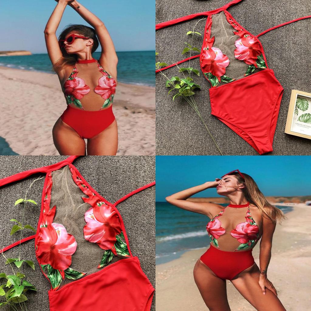 Стильный женский слитный пляжный купальник Купальный монокини Бикини с вставками Цветочный Для непринужденной летней элегантности