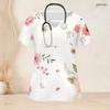 Women Plus Size Floral Printed Off White Nurse Scrub Top Keyhole Neck Short Sleeve Front Pockets