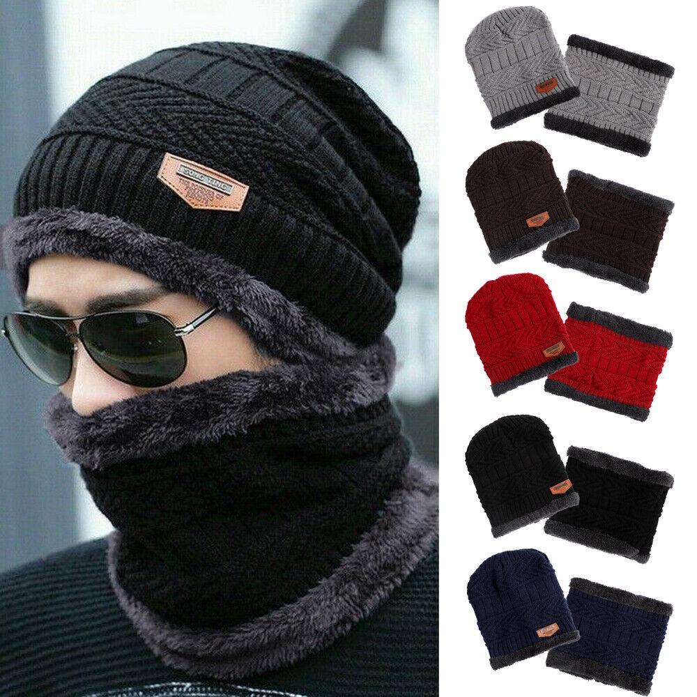 Mens Winter Beanie Hat And Scarf Set Warm Fleece Knitted Cap Unisex Couple