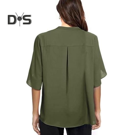 Women Tops V-Neck Button Decor Half Sleeve Chiffon Blouse Solid Color Loose Fit Breathable Shirt Tops Daily Wear