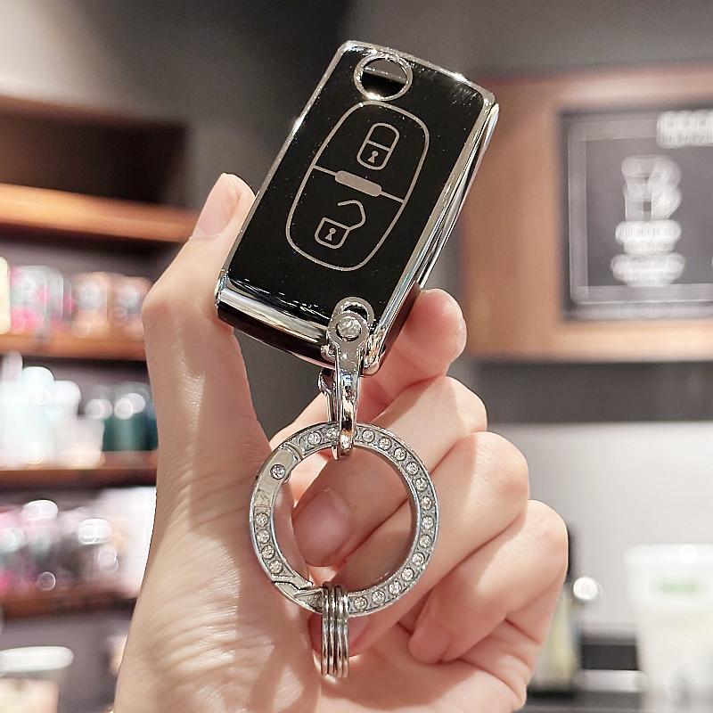 TPU Key Fob Cover with Bling Lanyard for Key Fob Cover For Peugeot 207 307 308 407 3008 5008 807 Expert Partner Citroen C2 C3