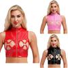 Womens O Ring Latex Crop Top Sleeveless Hollow Out Zipper Clubwear Glossy Night Out T-shirt