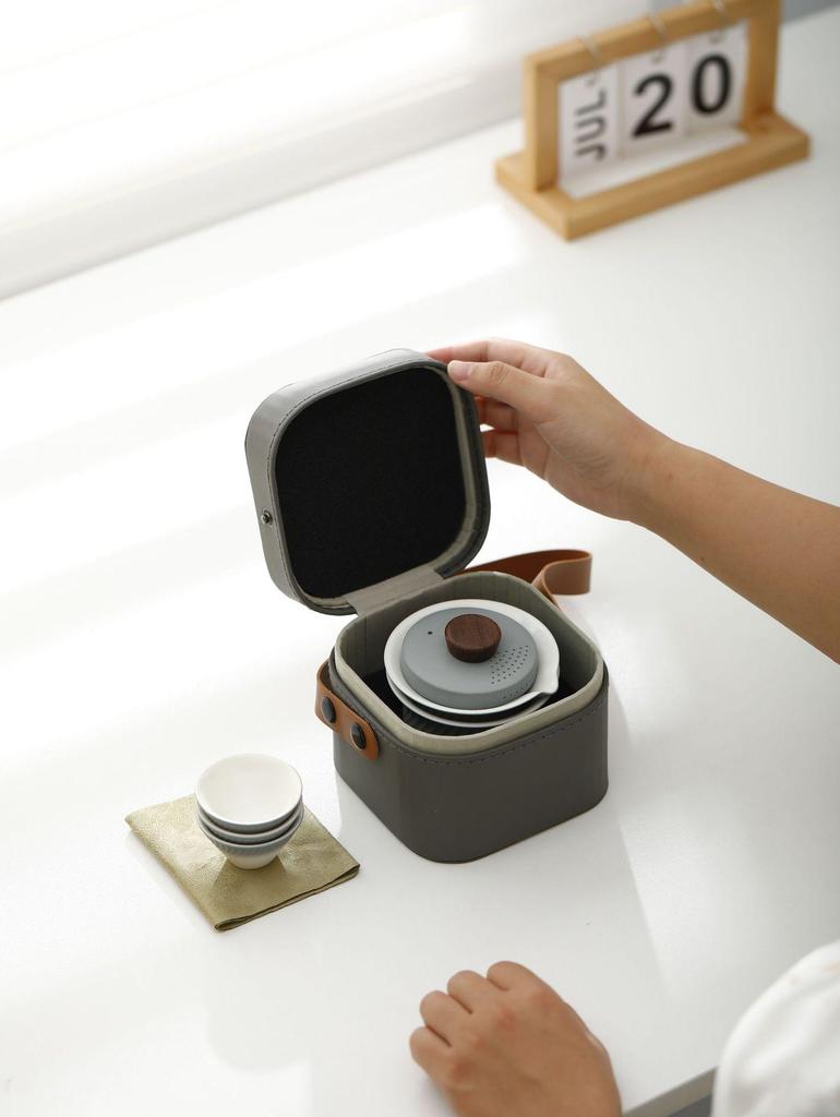 Outdoor Portable Ceramic Tea Set: One Pot, Three Cups, Gradient Grey Glaze for Travel and Business Trips