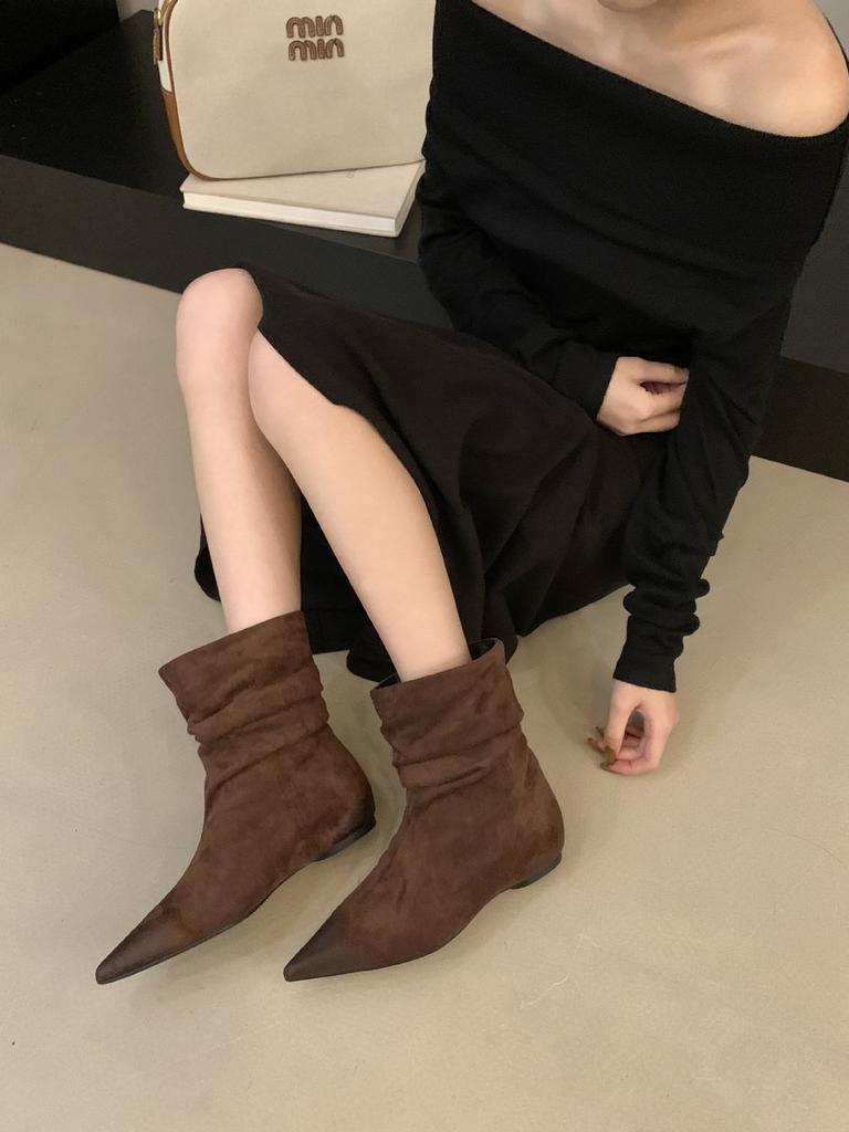 French Pointed Head Polished Color Inner Fold Thin Short Boots Women's Autumn and Winter New Retro Pleated Stacked Short Bare Boots