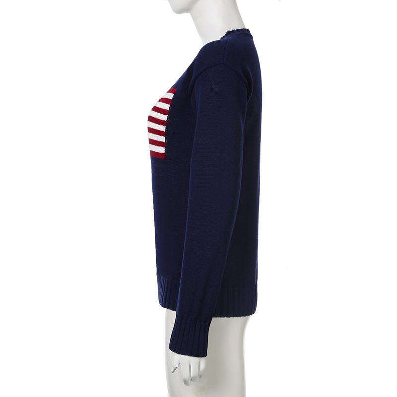 Women's Long Sleeve Retro Flag Knit Sweater - European & American Style
