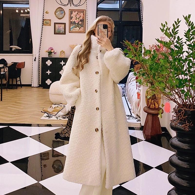 Womens Faux Fur Coat Long Sleeve Mid-Length Elegant Winter Outerwear In Cream Coffee