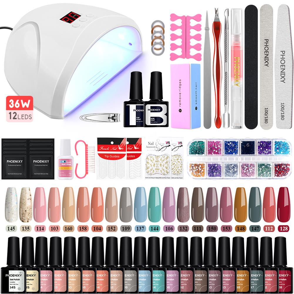 Набор гелевых ногтей PHOENIXY, 20 шт., гель для замачивания ногтей с УФ-светодиодной лампой для ногтей 36 Вт, набор инструментов для дизайна ногтей, набор инструментов для дизайна ногтей