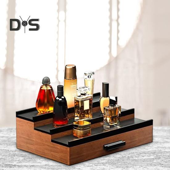 3 Tiers Wooden Perfume Display Stand with Storage Drawer Large Capacity Desktop Perfume Organizer Storage Box