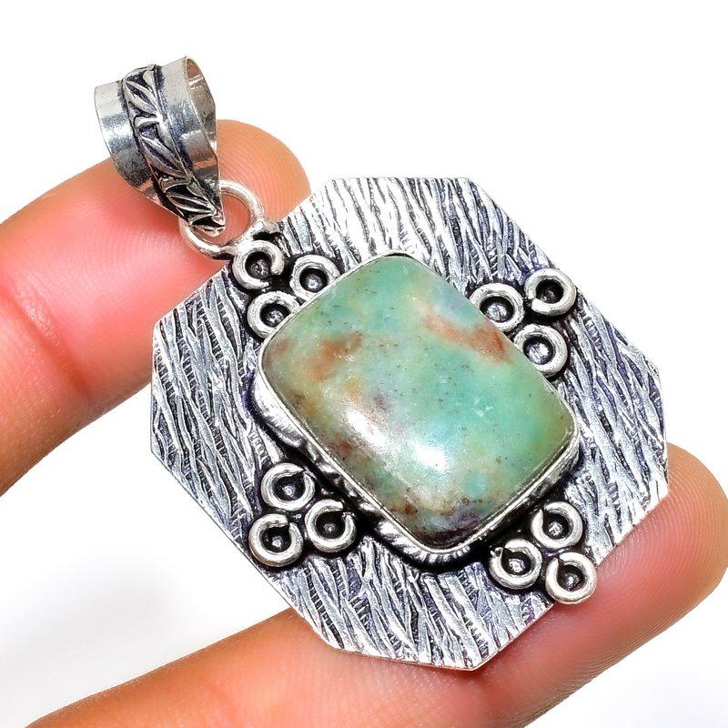 Chrysoprase Gemstone 925 Silver Plated Handmade Jewelry Pendant 1.89"