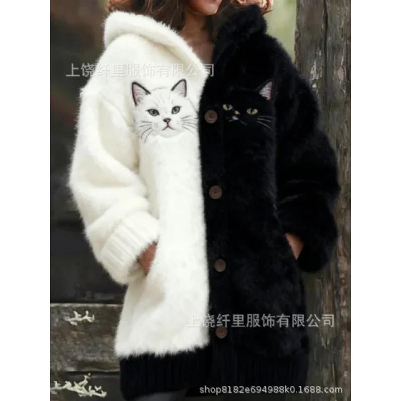 3D Cat Print Hooded Sweatshirt Cardigan Casual Jacket Women