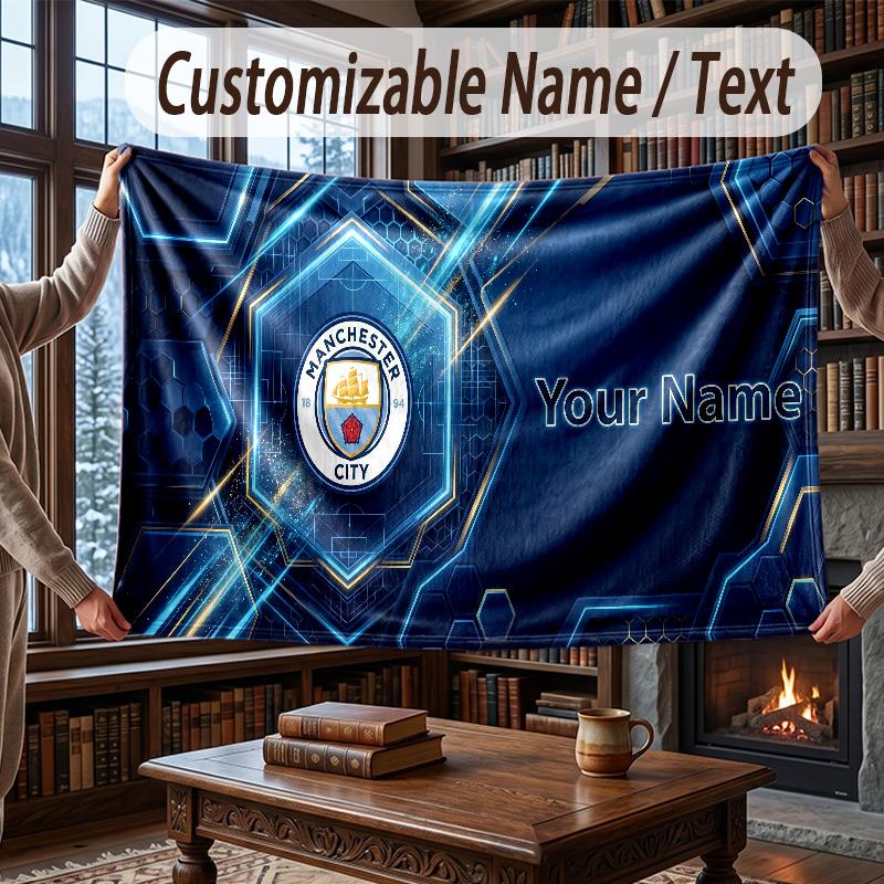 Custom Name Flannel Throw Blanket Manchester City Pattern Warm Home Decoration
