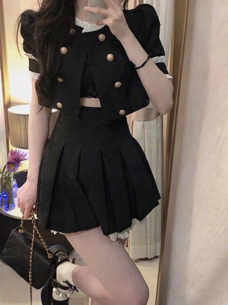 Black French Vintage New Two Piece Set Women College Style Lace Elegant Skirt Sets Female Japanese Sweet Mini Skirt Suit Summer