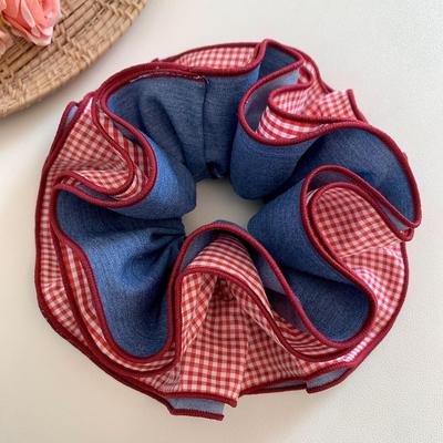 Корейский стиль красная и синяя клетка резинка для волос – женский большой аксессуар для волос пучок
