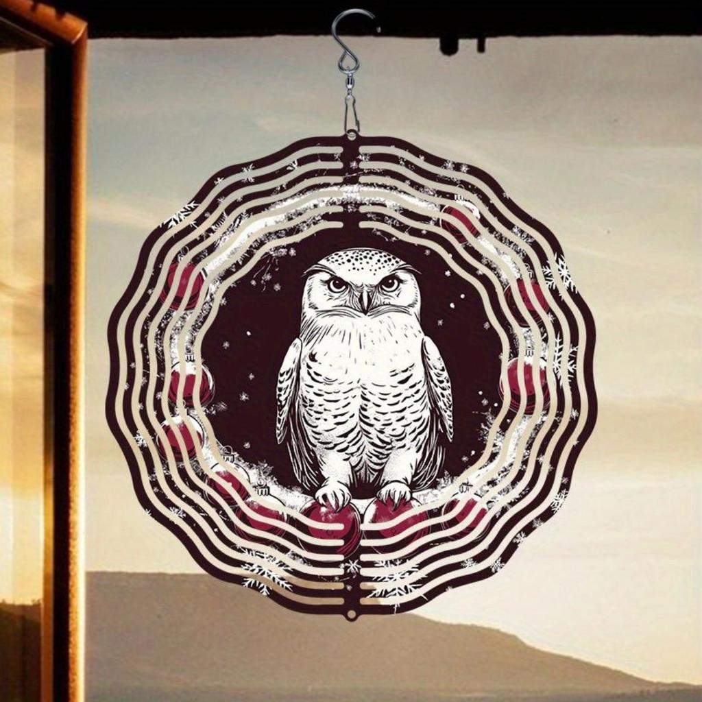 Christmas Owl Wind Spinner 3D Metal Hanging Ornament for Indoor Outdoor Garden Decor Holiday Yard Art Easy Install No Power Needed