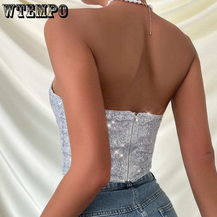 European and American Spicy Girls Bust Wrap Fashion Bead Zipper Heavy Industry Strapless Women's Top Street Trend Party Sexy Girl